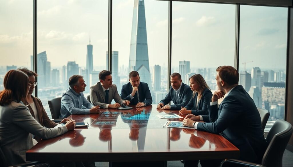 A boardroom overlooking a bustling cityscape, with a team of executives engaged in a lively discussion around a polished mahogany table. Soft, directional lighting casts a warm glow, highlighting the thoughtful expressions on their faces as they pore over holographic displays and financial charts. In the background, towering skyscrapers of glass and steel symbolize the technological advancement and economic growth powering their strategic decisions. The atmosphere is one of focused determination, as the group navigates the complexities of global economic shifts, seeking innovative solutions to drive sustainable progress. A boardroom overlooking a bustling cityscape, with a team of executives engaged in a lively discussion around a polished mahogany table. Soft, directional lighting casts a warm glow, highlighting the thoughtful expressions on their faces as they pore over holographic displays and financial charts. In the background, towering skyscrapers of glass and steel symbolize the technological advancement and economic growth powering their strategic decisions. The atmosphere is one of focused determination, as the group navigates the complexities of global economic shifts, seeking innovative solutions to drive sustainable progress.