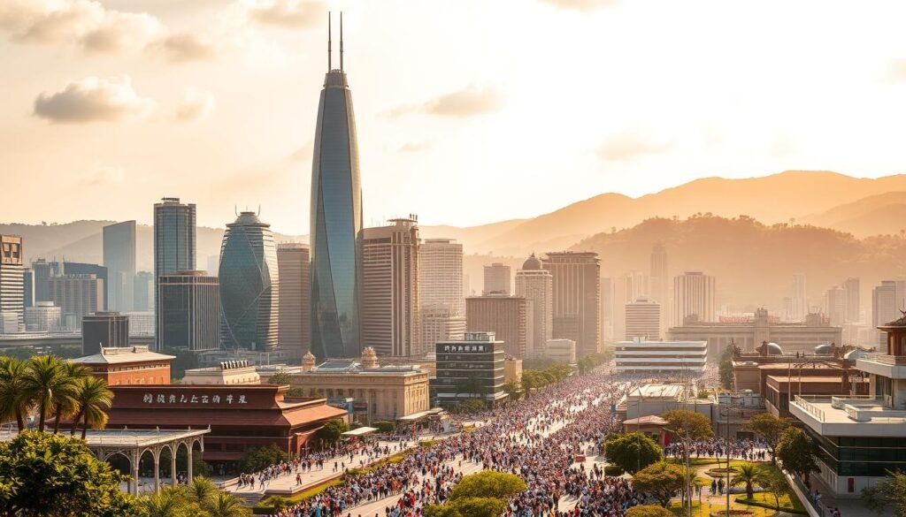 A bustling cityscape of towering skyscrapers and modern infrastructure against a backdrop of lush, rolling hills. The foreground is alive with the energy of a diverse population, navigating the streets and public spaces with a sense of dynamism and opportunity. Warm, vibrant lighting casts a golden glow over the scene, creating a atmosphere of growth and optimism. Wide-angle lens captures the scope and scale of this thriving, emerging market, poised for economic expansion. The composition conveys a balance of the traditional and the innovative, reflecting the unique character of this global economic powerhouse. A bustling cityscape of towering skyscrapers and modern infrastructure against a backdrop of lush, rolling hills. The foreground is alive with the energy of a diverse population, navigating the streets and public spaces with a sense of dynamism and opportunity. Warm, vibrant lighting casts a golden glow over the scene, creating a atmosphere of growth and optimism. Wide-angle lens captures the scope and scale of this thriving, emerging market, poised for economic expansion. The composition conveys a balance of the traditional and the innovative, reflecting the unique character of this global economic powerhouse.