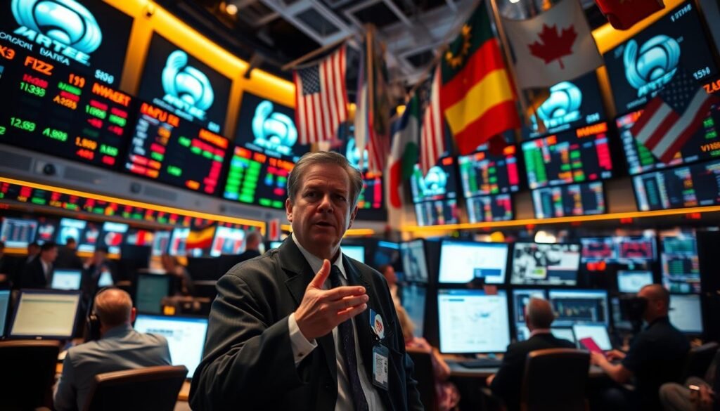 A bustling currency trading floor, with traders surrounded by computer screens displaying real-time market data and fluctuating exchange rates. The atmosphere is tense, with worried expressions as the impact of new trade tariffs unfolds. Warm lighting casts dramatic shadows, emphasizing the gravity of the situation. In the foreground, a trader gestures animatedly, analyzing charts and models, while in the background, an array of global currencies and flags flutter, symbolizing the international reach of the events unfolding. The overall mood is one of uncertainty and apprehension, as the world economy grapples with the consequences of protectionist policies. A bustling currency trading floor, with traders surrounded by computer screens displaying real-time market data and fluctuating exchange rates. The atmosphere is tense, with worried expressions as the impact of new trade tariffs unfolds. Warm lighting casts dramatic shadows, emphasizing the gravity of the situation. In the foreground, a trader gestures animatedly, analyzing charts and models, while in the background, an array of global currencies and flags flutter, symbolizing the international reach of the events unfolding. The overall mood is one of uncertainty and apprehension, as the world economy grapples with the consequences of protectionist policies.