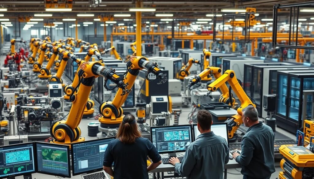 A bustling factory floor, bathed in the warm glow of industrial lighting. Robotic arms effortlessly assemble intricate machinery, their movements precise and coordinated. In the foreground, a team of engineers monitors an array of touchscreens, analyzing data and fine-tuning the systems. The background is a tapestry of conveyor belts, 3D printers, and other state-of-the-art automation technologies, all working in harmony to drive the future of manufacturing. The scene conveys a sense of progress, efficiency, and the seamless integration of human and machine, capturing the essence of the ever-evolving workforce automation landscape. A bustling factory floor, bathed in the warm glow of industrial lighting. Robotic arms effortlessly assemble intricate machinery, their movements precise and coordinated. In the foreground, a team of engineers monitors an array of touchscreens, analyzing data and fine-tuning the systems. The background is a tapestry of conveyor belts, 3D printers, and other state-of-the-art automation technologies, all working in harmony to drive the future of manufacturing. The scene conveys a sense of progress, efficiency, and the seamless integration of human and machine, capturing the essence of the ever-evolving workforce automation landscape.