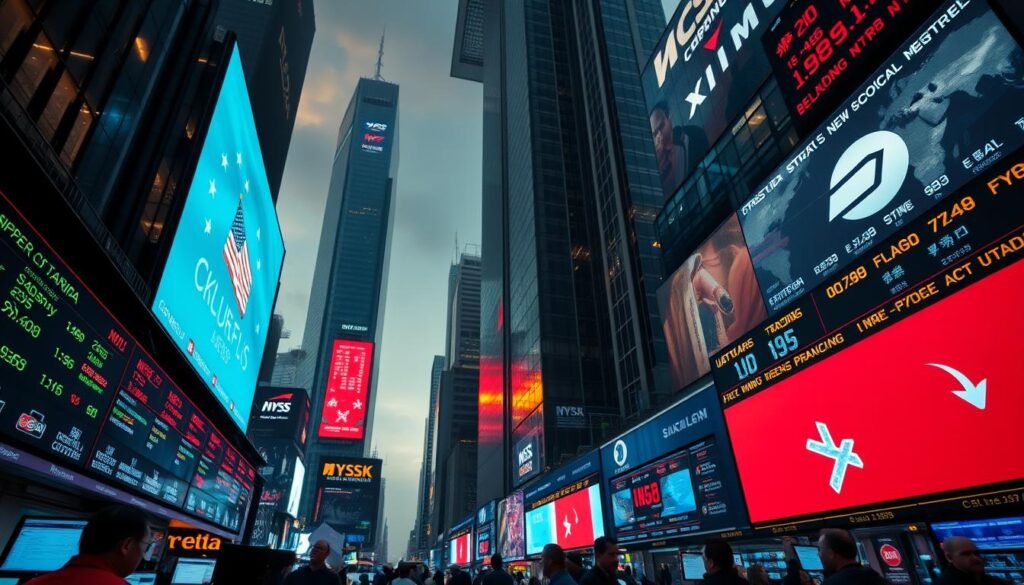 A bustling global financial hub, with towering skyscrapers and electronic billboards displaying real-time stock market indices. The scene is tense and unsettled, with traders and investors anxiously monitoring their screens, reacting to the news of new trade tariffs. The lighting is dramatic, with a mix of warm and cool tones reflecting the uncertainty and volatility of the moment. The camera angle is slightly elevated, capturing the energy and complexity of the global market's response to the geopolitical events unfolding. An atmosphere of unease and anticipation permeates the image, conveying the significant economic implications of the tariff policies. A bustling global financial hub, with towering skyscrapers and electronic billboards displaying real-time stock market indices. The scene is tense and unsettled, with traders and investors anxiously monitoring their screens, reacting to the news of new trade tariffs. The lighting is dramatic, with a mix of warm and cool tones reflecting the uncertainty and volatility of the moment. The camera angle is slightly elevated, capturing the energy and complexity of the global market's response to the geopolitical events unfolding. An atmosphere of unease and anticipation permeates the image, conveying the significant economic implications of the tariff policies.