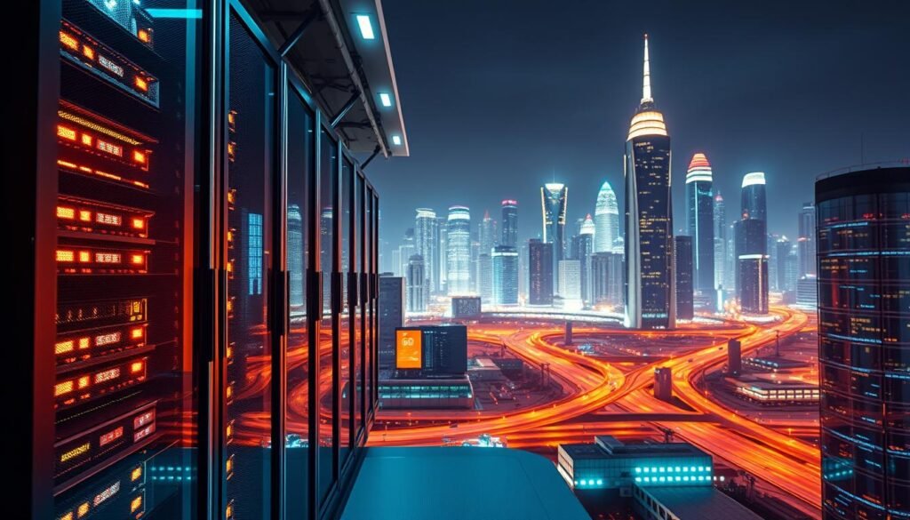 A cutting-edge data center surrounded by a futuristic cityscape, bathed in warm, ambient lighting. In the foreground, a sleek, chrome-accented server rack, its blinking lights and intricate wiring hinting at the computational power within. The middle ground features a network of interconnected IoT devices, sensors, and edge gateways, all working in harmony to process and analyze data in real-time. In the background, a glowing skyline of towering skyscrapers and advanced infrastructure, symbolizing the integration of edge computing into the fabric of the modern, connected world. The scene conveys a sense of technological progress, efficiency, and the seamless integration of edge computing into the urban landscape. A cutting-edge data center surrounded by a futuristic cityscape, bathed in warm, ambient lighting. In the foreground, a sleek, chrome-accented server rack, its blinking lights and intricate wiring hinting at the computational power within. The middle ground features a network of interconnected IoT devices, sensors, and edge gateways, all working in harmony to process and analyze data in real-time. In the background, a glowing skyline of towering skyscrapers and advanced infrastructure, symbolizing the integration of edge computing into the fabric of the modern, connected world. The scene conveys a sense of technological progress, efficiency, and the seamless integration of edge computing into the urban landscape.
