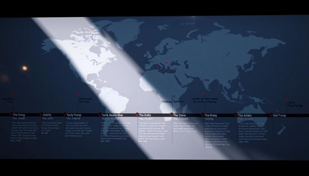 A detailed timeline depicting the evolving tariff policy under the Trump administration, showcased against a backdrop of global trade relations. In the foreground, a series of pivotal milestones and events unfold, marked by iconic moments and key policy decisions. The middle ground features a stylized world map, with trade routes and economic hubs interconnected, reflecting the far-reaching impact of the tariff policies. In the background, a subtle interplay of light and shadow sets the tone, conveying the complex, ever-changing dynamics of the global economic landscape. The scene is captured with a cinematic, documentary-style aesthetic, emphasizing the gravity and significance of the subject matter. A detailed timeline depicting the evolving tariff policy under the Trump administration, showcased against a backdrop of global trade relations. In the foreground, a series of pivotal milestones and events unfold, marked by iconic moments and key policy decisions. The middle ground features a stylized world map, with trade routes and economic hubs interconnected, reflecting the far-reaching impact of the tariff policies. In the background, a subtle interplay of light and shadow sets the tone, conveying the complex, ever-changing dynamics of the global economic landscape. The scene is captured with a cinematic, documentary-style aesthetic, emphasizing the gravity and significance of the subject matter.
