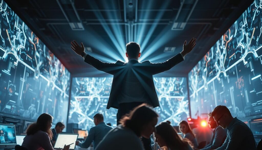 A dynamic and visionary leader stands tall, arms outstretched, silhouetted against a backdrop of glowing futuristic displays. Brilliant beams of light radiate from their figure, illuminating a workspace bustling with innovative energy. In the foreground, a team collaborates intently, their faces alight with the spark of creativity. The overall atmosphere is one of bold exploration, where cutting-edge ideas take shape under the guidance of a transformative leader who fosters a culture of experimentation and progress. A dynamic and visionary leader stands tall, arms outstretched, silhouetted against a backdrop of glowing futuristic displays. Brilliant beams of light radiate from their figure, illuminating a workspace bustling with innovative energy. In the foreground, a team collaborates intently, their faces alight with the spark of creativity. The overall atmosphere is one of bold exploration, where cutting-edge ideas take shape under the guidance of a transformative leader who fosters a culture of experimentation and progress.