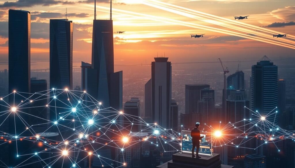 A dynamic, futuristic cityscape with towering skyscrapers and glowing holographic interfaces. In the foreground, a transparent blockchain network visualization pulses with interconnected nodes and transactions. The middle ground features figures interacting with augmented reality displays, seamlessly integrating blockchain technology into their everyday lives. The background showcases a breathtaking sunset sky, with shimmering contrails of advanced aerial vehicles. Lighting is dramatic, with warm hues and long shadows, conveying a sense of technological progress and human innovation. The overall mood is one of wonder, possibility, and the seamless integration of cutting-edge blockchain systems into a vibrant, interconnected world. A dynamic, futuristic cityscape with towering skyscrapers and glowing holographic interfaces. In the foreground, a transparent blockchain network visualization pulses with interconnected nodes and transactions. The middle ground features figures interacting with augmented reality displays, seamlessly integrating blockchain technology into their everyday lives. The background showcases a breathtaking sunset sky, with shimmering contrails of advanced aerial vehicles. Lighting is dramatic, with warm hues and long shadows, conveying a sense of technological progress and human innovation. The overall mood is one of wonder, possibility, and the seamless integration of cutting-edge blockchain systems into a vibrant, interconnected world.