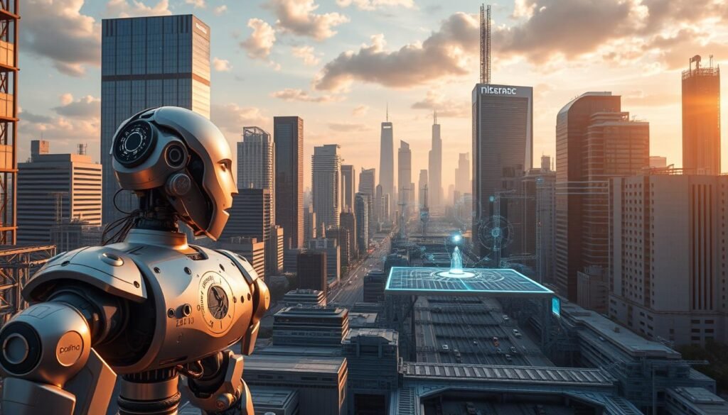 A futuristic cityscape of gleaming skyscrapers and advanced infrastructure, bathed in a warm, golden light. In the foreground, intricate robotic mechanisms and AI-driven interfaces seamlessly integrate with the urban landscape, showcasing the integration of cutting-edge technologies. The middle ground features a dynamic interplay of holographic displays, autonomous vehicles, and intelligent systems, hinting at the transformative potential of AI. In the background, a towering data center or research facility symbolizes the powerful computing capabilities that enable these innovations. The scene conveys a sense of progress, efficiency, and the profound impact of AI on shaping the future of industries and urban development. A futuristic cityscape of gleaming skyscrapers and advanced infrastructure, bathed in a warm, golden light. In the foreground, intricate robotic mechanisms and AI-driven interfaces seamlessly integrate with the urban landscape, showcasing the integration of cutting-edge technologies. The middle ground features a dynamic interplay of holographic displays, autonomous vehicles, and intelligent systems, hinting at the transformative potential of AI. In the background, a towering data center or research facility symbolizes the powerful computing capabilities that enable these innovations. The scene conveys a sense of progress, efficiency, and the profound impact of AI on shaping the future of industries and urban development.
