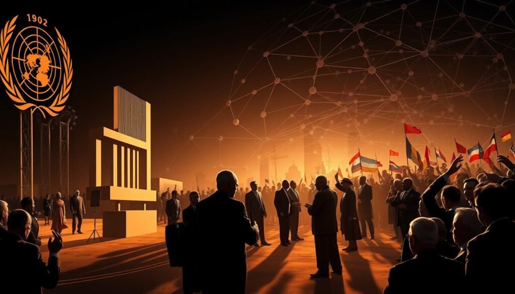 A global landscape with shifting power dynamics. In the foreground, towering symbols of international organizations and institutions like the United Nations, World Bank, and IMF loom large, casting long shadows. In the middle ground, national leaders of major world powers engage in tense negotiations, their body language and expressions conveying a sense of shifting alliances and competition. The background features a complex web of interconnected geopolitical forces, with regional blocs, emerging economies, and grassroots movements jostling for influence. The scene is illuminated by a dramatic, chiaroscuro lighting, creating a sense of high-stakes drama and uncertainty. An atmosphere of both cooperation and conflict pervades the image, reflecting the complex and evolving nature of global power dynamics. A global landscape with shifting power dynamics. In the foreground, towering symbols of international organizations and institutions like the United Nations, World Bank, and IMF loom large, casting long shadows. In the middle ground, national leaders of major world powers engage in tense negotiations, their body language and expressions conveying a sense of shifting alliances and competition. The background features a complex web of interconnected geopolitical forces, with regional blocs, emerging economies, and grassroots movements jostling for influence. The scene is illuminated by a dramatic, chiaroscuro lighting, creating a sense of high-stakes drama and uncertainty. An atmosphere of both cooperation and conflict pervades the image, reflecting the complex and evolving nature of global power dynamics.