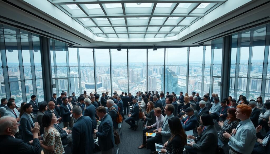 A global network of transnational organizations convening in a vast, glass-enclosed conference hall. In the foreground, a diverse group of representatives from various nations and sectors engaged in animated discussions, their faces illuminated by the soft, diffused lighting from the overhead skylights. The middle ground features rows of tiered seating, where delegates listen intently, laptops and tablets in hand. In the background, a sweeping panoramic view of a bustling metropolitan cityscape, a reminder of the far-reaching influence of these organizations. The overall mood is one of international cooperation, intellectual exchange, and a shared commitment to addressing global challenges. A global network of transnational organizations convening in a vast, glass-enclosed conference hall. In the foreground, a diverse group of representatives from various nations and sectors engaged in animated discussions, their faces illuminated by the soft, diffused lighting from the overhead skylights. The middle ground features rows of tiered seating, where delegates listen intently, laptops and tablets in hand. In the background, a sweeping panoramic view of a bustling metropolitan cityscape, a reminder of the far-reaching influence of these organizations. The overall mood is one of international cooperation, intellectual exchange, and a shared commitment to addressing global challenges.