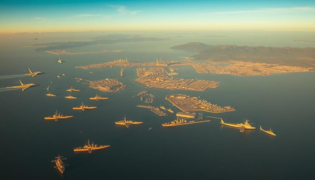 A grand aerial view of a sprawling Indo-Pacific landscape, bathed in warm, golden light. In the foreground, military ships and aircraft maneuver in precision formations, symbolizing the coordinated security efforts of regional nations. In the middle ground, bustling port cities and naval bases dot the coastline, their activity reflecting the economic and strategic importance of this vital maritime domain. In the distant background, rugged mountain ranges and lush, verdant islands create a sense of geographic breadth and geopolitical complexity. The overall scene conveys a mood of vigilance, cooperation, and the delicate balance of power that defines the security dynamics of the Indo-Pacific region. A grand aerial view of a sprawling Indo-Pacific landscape, bathed in warm, golden light. In the foreground, military ships and aircraft maneuver in precision formations, symbolizing the coordinated security efforts of regional nations. In the middle ground, bustling port cities and naval bases dot the coastline, their activity reflecting the economic and strategic importance of this vital maritime domain. In the distant background, rugged mountain ranges and lush, verdant islands create a sense of geographic breadth and geopolitical complexity. The overall scene conveys a mood of vigilance, cooperation, and the delicate balance of power that defines the security dynamics of the Indo-Pacific region.