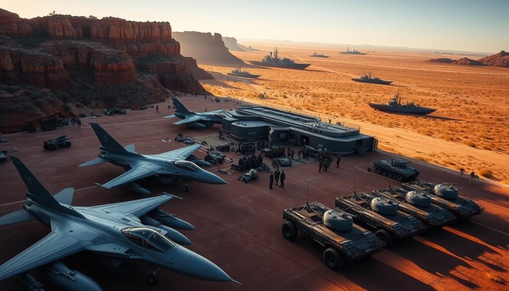A high-tech military compound nestled in the rugged Australian landscape. In the foreground, cutting-edge fighter jets and tanks stand ready for action, their sleek silhouettes casting long shadows under the warm desert sun. The middle ground reveals a bustling command center, with uniformed personnel monitoring digital displays and coordinating operations. In the distance, the outline of naval vessels can be seen on the horizon, projecting Australia's maritime power. The scene conveys a sense of strength, discipline, and unwavering commitment to national defense, reflecting Australia's strategic role in the Indo-Pacific region. A high-tech military compound nestled in the rugged Australian landscape. In the foreground, cutting-edge fighter jets and tanks stand ready for action, their sleek silhouettes casting long shadows under the warm desert sun. The middle ground reveals a bustling command center, with uniformed personnel monitoring digital displays and coordinating operations. In the distance, the outline of naval vessels can be seen on the horizon, projecting Australia's maritime power. The scene conveys a sense of strength, discipline, and unwavering commitment to national defense, reflecting Australia's strategic role in the Indo-Pacific region.