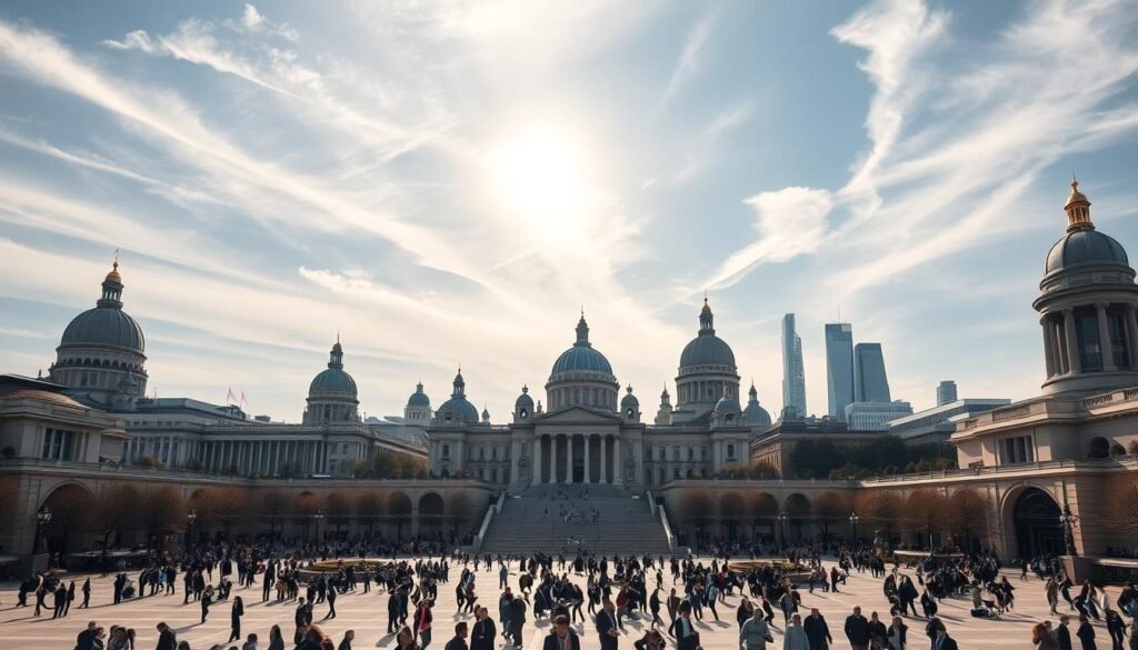 A majestic skyline dominated by the emblematic domes and towers of key international institutions, including the United Nations Headquarters, the International Court of Justice, and the headquarters of the World Trade Organization. Sunlight streams through wispy clouds, casting a warm, authoritative glow over the scene. In the foreground, a grand plaza bustles with diplomats, delegates, and citizens engaged in discussions and negotiations, reflecting the vibrant and collaborative nature of global governance. The composition balances imposing architectural forms with the dynamic human activity, conveying the essential role these institutions play in shaping international cooperation and the rule of law. A majestic skyline dominated by the emblematic domes and towers of key international institutions, including the United Nations Headquarters, the International Court of Justice, and the headquarters of the World Trade Organization. Sunlight streams through wispy clouds, casting a warm, authoritative glow over the scene. In the foreground, a grand plaza bustles with diplomats, delegates, and citizens engaged in discussions and negotiations, reflecting the vibrant and collaborative nature of global governance. The composition balances imposing architectural forms with the dynamic human activity, conveying the essential role these institutions play in shaping international cooperation and the rule of law.
