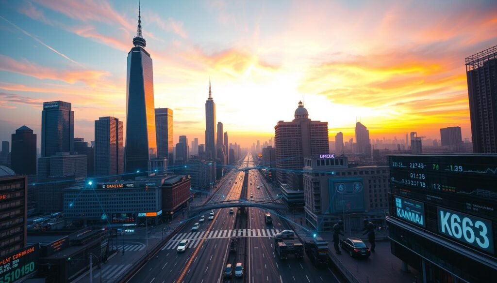 A panoramic cityscape at dusk, with towering skyscrapers and bustling streets. In the foreground, futuristic AI-powered robots and autonomous vehicles navigate through the urban landscape. Beams of holographic data streams and glowing electronic interfaces overlay the scene, symbolizing the integration of AI technology into the economic infrastructure. In the middle ground, a financial district with stock exchange tickers and digital currency displays. In the background, a sunset sky with streaks of vibrant colors, adding a sense of dynamism and progress. The overall mood is one of technological advancement, economic transformation, and the far-reaching impact of artificial intelligence. A panoramic cityscape at dusk, with towering skyscrapers and bustling streets. In the foreground, futuristic AI-powered robots and autonomous vehicles navigate through the urban landscape. Beams of holographic data streams and glowing electronic interfaces overlay the scene, symbolizing the integration of AI technology into the economic infrastructure. In the middle ground, a financial district with stock exchange tickers and digital currency displays. In the background, a sunset sky with streaks of vibrant colors, adding a sense of dynamism and progress. The overall mood is one of technological advancement, economic transformation, and the far-reaching impact of artificial intelligence.