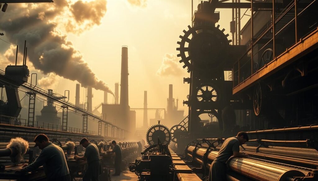 A panoramic scene of the industrial revolution, with billowing smokestacks and factories in the background. In the foreground, workers toil at mechanical looms and machines, their faces a mix of determination and concern. Shafts of warm, golden light filter through the hazy atmosphere, casting dramatic shadows and highlighting the intricate machinery. Towering gears and clockwork mechanisms dominate the middle ground, representing the encroaching power of automation. The overall mood is one of transition, where human labor and machine efficiency collide, hinting at the profound historical impacts of technological change on the workforce. A panoramic scene of the industrial revolution, with billowing smokestacks and factories in the background. In the foreground, workers toil at mechanical looms and machines, their faces a mix of determination and concern. Shafts of warm, golden light filter through the hazy atmosphere, casting dramatic shadows and highlighting the intricate machinery. Towering gears and clockwork mechanisms dominate the middle ground, representing the encroaching power of automation. The overall mood is one of transition, where human labor and machine efficiency collide, hinting at the profound historical impacts of technological change on the workforce.