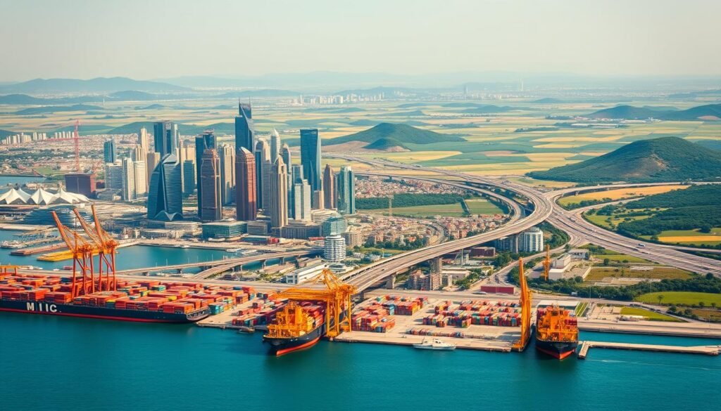 A scenic landscape depicting the economic interdependence between China and Australia. In the foreground, a bustling harbor with container ships and cranes, symbolizing the flow of trade and resources. The middle ground showcases modern cityscapes of both countries, their skylines connected by a network of roads and railways. In the background, rolling hills and lush farmlands, highlighting the agricultural and natural resource ties. The scene is bathed in warm, golden light, conveying a sense of prosperity and mutual benefit. The composition emphasizes the deep, symbiotic relationship between the two nations, bound by their economic interests and shared prosperity. A scenic landscape depicting the economic interdependence between China and Australia. In the foreground, a bustling harbor with container ships and cranes, symbolizing the flow of trade and resources. The middle ground showcases modern cityscapes of both countries, their skylines connected by a network of roads and railways. In the background, rolling hills and lush farmlands, highlighting the agricultural and natural resource ties. The scene is bathed in warm, golden light, conveying a sense of prosperity and mutual benefit. The composition emphasizes the deep, symbiotic relationship between the two nations, bound by their economic interests and shared prosperity.