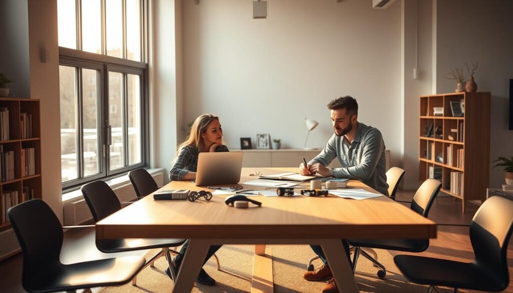 A serene office space with a central table, balanced by two people working in deep concentration. Warm, natural lighting filters through floor-to-ceiling windows, casting a soft glow. On the table, a laptop, sketchbook, and various prototyping materials, symbolizing the harmony between daily operations and creative experimentation. In the background, a bookshelf and minimalist decor, conveying a sense of order and focus. The people, engaged yet relaxed, represent the ideal balance between routine tasks and innovative problem-solving, embodying the spirit of a 'culture of experimentation'. A serene office space with a central table, balanced by two people working in deep concentration. Warm, natural lighting filters through floor-to-ceiling windows, casting a soft glow. On the table, a laptop, sketchbook, and various prototyping materials, symbolizing the harmony between daily operations and creative experimentation. In the background, a bookshelf and minimalist decor, conveying a sense of order and focus. The people, engaged yet relaxed, represent the ideal balance between routine tasks and innovative problem-solving, embodying the spirit of a 'culture of experimentation'.