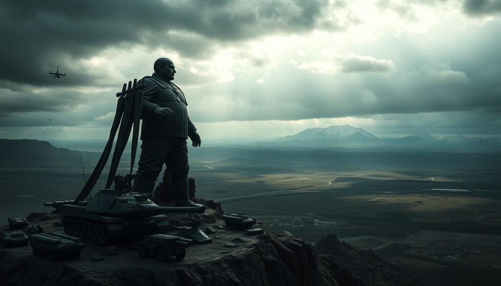 A sprawling geopolitical landscape, cast in a somber, authoritative tone. The foreground depicts a towering, imposing figure representing Russia, its stance resolute and its gaze fixed on the horizon. Intricate details of military might - armored vehicles, aircraft, and strategic missile systems - surround the central figure, conveying a sense of power and influence. In the middle ground, a vast terrain of rolling hills and snow-capped mountains, symbolizing Russia's vast territorial expanse. The background features a stormy, ominous sky, hinting at the turbulent and uncertain nature of the current global order. Dramatic chiaroscuro lighting casts dramatic shadows, adding depth and a sense of gravitas to the scene. The overall composition suggests Russia's pivotal role in shaping the new world order, a stalwart presence amid the shifting sands of international geopolitics. A sprawling geopolitical landscape, cast in a somber, authoritative tone. The foreground depicts a towering, imposing figure representing Russia, its stance resolute and its gaze fixed on the horizon. Intricate details of military might - armored vehicles, aircraft, and strategic missile systems - surround the central figure, conveying a sense of power and influence. In the middle ground, a vast terrain of rolling hills and snow-capped mountains, symbolizing Russia's vast territorial expanse. The background features a stormy, ominous sky, hinting at the turbulent and uncertain nature of the current global order. Dramatic chiaroscuro lighting casts dramatic shadows, adding depth and a sense of gravitas to the scene. The overall composition suggests Russia's pivotal role in shaping the new world order, a stalwart presence amid the shifting sands of international geopolitics.