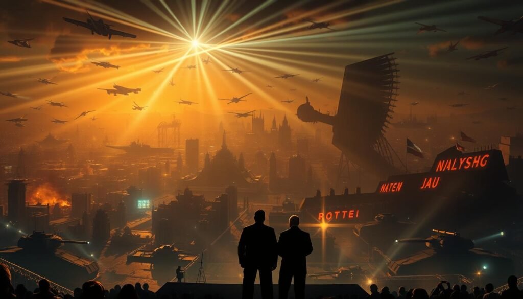 A sprawling world stage, where superpowers clash in a complex dance of influence and ambition. Looming silhouettes of armed forces, tanks, and warships cast long shadows across a landscape of towering cityscapes and geopolitical tension. Beams of searchlights crisscross the sky, illuminating a web of alliances and rivalries. In the foreground, a trio of imposing figures, their faces obscured, locked in a tense standoff, the future hanging in the balance. Captured with a wide-angle lens, the scene radiates an aura of uncertainty and the weight of history, a visual metaphor for the new era of multipolar rivalry. A sprawling world stage, where superpowers clash in a complex dance of influence and ambition. Looming silhouettes of armed forces, tanks, and warships cast long shadows across a landscape of towering cityscapes and geopolitical tension. Beams of searchlights crisscross the sky, illuminating a web of alliances and rivalries. In the foreground, a trio of imposing figures, their faces obscured, locked in a tense standoff, the future hanging in the balance. Captured with a wide-angle lens, the scene radiates an aura of uncertainty and the weight of history, a visual metaphor for the new era of multipolar rivalry.