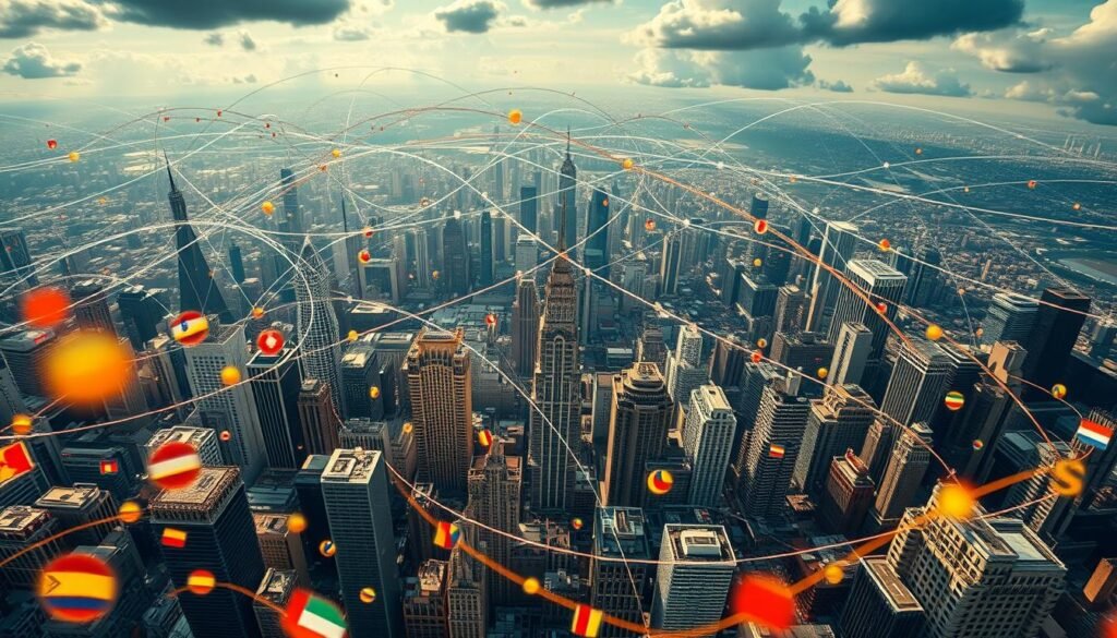 A sweeping aerial view of the global financial landscape, with intricate webs of data streams, investment channels, and currency flows crisscrossing the continents. In the foreground, a collection of diverse financial instruments - stocks, bonds, commodities, and currencies - hover in a mesmerizing display, their values fluctuating dynamically. The middle ground features towering skyscrapers and bustling financial districts, their windows reflecting the ever-changing tides of the global economy. In the background, a kaleidoscope of flags and national symbols, symbolizing the interconnected nature of international markets. The scene is bathed in a warm, golden light, conveying a sense of stability and opportunity amidst the complexities of modern finance. A sweeping aerial view of the global financial landscape, with intricate webs of data streams, investment channels, and currency flows crisscrossing the continents. In the foreground, a collection of diverse financial instruments - stocks, bonds, commodities, and currencies - hover in a mesmerizing display, their values fluctuating dynamically. The middle ground features towering skyscrapers and bustling financial districts, their windows reflecting the ever-changing tides of the global economy. In the background, a kaleidoscope of flags and national symbols, symbolizing the interconnected nature of international markets. The scene is bathed in a warm, golden light, conveying a sense of stability and opportunity amidst the complexities of modern finance.