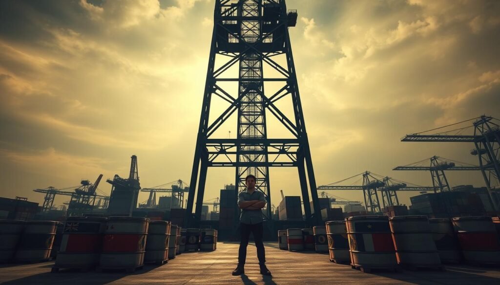 A towering steel structure, its beams and girders interlocked, casting long shadows across a sprawling factory floor. In the foreground, crates and barrels bearing national emblems stand as symbols of protectionist trade policies, their contents concealed. A single, solitary figure stands amidst the industrial landscape, arms crossed, their expression pensive and thoughtful. Overhead, the sky is cast in a somber, muted palette, evoking a sense of tension and uncertainty. The scene is illuminated by harsh, directional lighting, emphasizing the sharp contrasts and the imposing nature of the trade barriers. A towering steel structure, its beams and girders interlocked, casting long shadows across a sprawling factory floor. In the foreground, crates and barrels bearing national emblems stand as symbols of protectionist trade policies, their contents concealed. A single, solitary figure stands amidst the industrial landscape, arms crossed, their expression pensive and thoughtful. Overhead, the sky is cast in a somber, muted palette, evoking a sense of tension and uncertainty. The scene is illuminated by harsh, directional lighting, emphasizing the sharp contrasts and the imposing nature of the trade barriers.