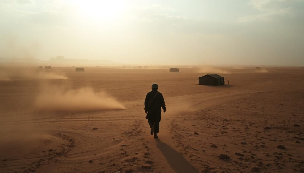 A vast and desolate landscape, a lone figure trudging through the barren terrain, their path obscured by swirling clouds of dust. In the distance, the silhouettes of makeshift shelters dot the horizon, a testament to the resilience of those seeking refuge. The sky, heavy with the weight of uncertainty, casts a somber glow over the scene. A single ray of light breaks through, offering a glimmer of hope amidst the challenges of global migration. Dramatic lighting and a cinematic angle capture the gravity of the situation, the subject's posture conveying the physical and emotional toll of their journey. This image serves as a powerful visual representation of the primary causes of global migration and the human struggle at its core. A vast and desolate landscape, a lone figure trudging through the barren terrain, their path obscured by swirling clouds of dust. In the distance, the silhouettes of makeshift shelters dot the horizon, a testament to the resilience of those seeking refuge. The sky, heavy with the weight of uncertainty, casts a somber glow over the scene. A single ray of light breaks through, offering a glimmer of hope amidst the challenges of global migration. Dramatic lighting and a cinematic angle capture the gravity of the situation, the subject's posture conveying the physical and emotional toll of their journey. This image serves as a powerful visual representation of the primary causes of global migration and the human struggle at its core.