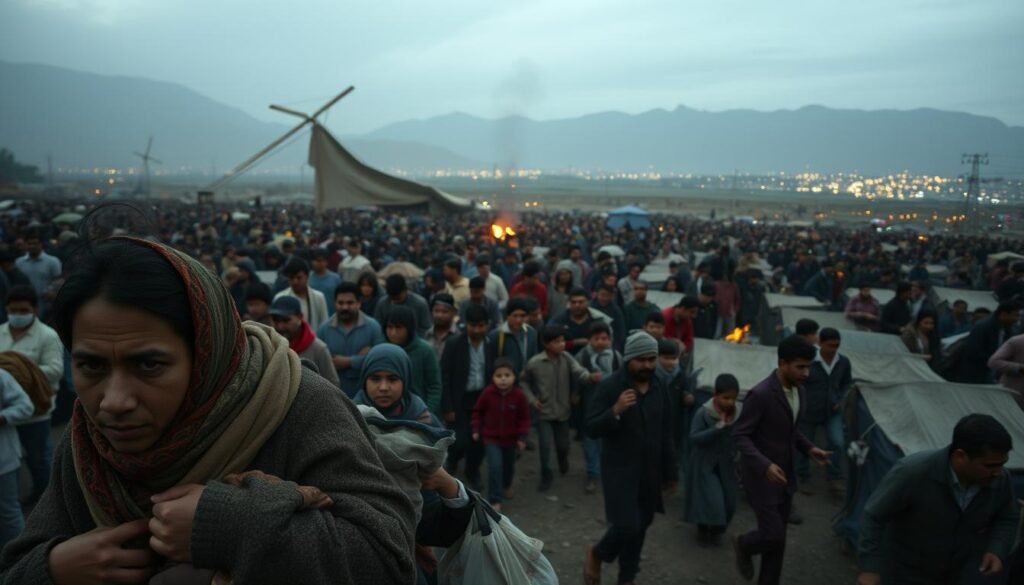 A vast expanse of humanity in motion, a kaleidoscope of faces and stories. In the foreground, a family carrying meager belongings, their expressions etched with uncertainty. In the middle, a throng of refugees weaving through a maze of makeshift tents, illuminated by the warm glow of campfires. In the distant background, the silhouettes of towering mountains and sprawling cities, a reminder of the vast and complex geographies at play. The scene is bathed in a somber, muted palette, conveying the weight of displacement and the search for a better life. A wide-angle lens captures the scale and complexity of this global phenomenon, inviting the viewer to bear witness to the plight of those in search of refuge. A vast expanse of humanity in motion, a kaleidoscope of faces and stories. In the foreground, a family carrying meager belongings, their expressions etched with uncertainty. In the middle, a throng of refugees weaving through a maze of makeshift tents, illuminated by the warm glow of campfires. In the distant background, the silhouettes of towering mountains and sprawling cities, a reminder of the vast and complex geographies at play. The scene is bathed in a somber, muted palette, conveying the weight of displacement and the search for a better life. A wide-angle lens captures the scale and complexity of this global phenomenon, inviting the viewer to bear witness to the plight of those in search of refuge.