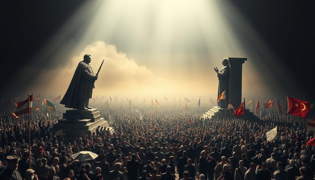 A vast global stage, illuminated by the clashing ideologies of dominant powers. In the foreground, towering figures emblematic of rival philosophies engage in a tense standoff, their postures and expressions conveying the weight of history. The middle ground is a tapestry of diverse cultures and nations, caught in the pull of these ideological currents. The background fades into a hazy, uncertain future, hinting at the far-reaching consequences of this geopolitical struggle. High-contrast lighting casts dramatic shadows, lending an air of gravity and urgency. The scene is captured through a wide-angle lens, emphasizing the grand scale and far-reaching implications of this ideological confrontation shaping the future of the world. A vast global stage, illuminated by the clashing ideologies of dominant powers. In the foreground, towering figures emblematic of rival philosophies engage in a tense standoff, their postures and expressions conveying the weight of history. The middle ground is a tapestry of diverse cultures and nations, caught in the pull of these ideological currents. The background fades into a hazy, uncertain future, hinting at the far-reaching consequences of this geopolitical struggle. High-contrast lighting casts dramatic shadows, lending an air of gravity and urgency. The scene is captured through a wide-angle lens, emphasizing the grand scale and far-reaching implications of this ideological confrontation shaping the future of the world.