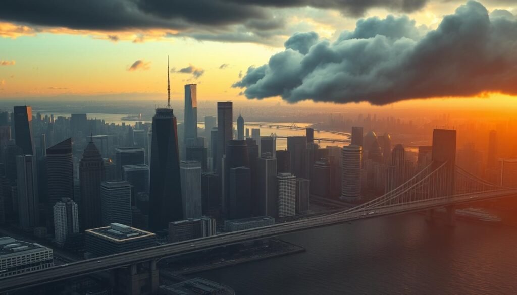 A vast, interconnected cityscape, its skyscrapers and bridges casting long shadows in the fading light. In the foreground, a lone figure navigates a maze of financial data and charts, their expression pensive as they chart a course through the turbulent economic landscape. Overhead, ominous storm clouds gather, hinting at the uncertainty and volatility that lies ahead. The scene is bathed in a warm, golden glow, creating a sense of both hope and unease. Subtle details, such as the glint of the cityscape's glass facades and the subtle ripples in the water below, add depth and realism to the image. The overall composition conveys the challenges and complexities of navigating global economic uncertainty, a visual representation of the article's central theme. A vast, interconnected cityscape, its skyscrapers and bridges casting long shadows in the fading light. In the foreground, a lone figure navigates a maze of financial data and charts, their expression pensive as they chart a course through the turbulent economic landscape. Overhead, ominous storm clouds gather, hinting at the uncertainty and volatility that lies ahead. The scene is bathed in a warm, golden glow, creating a sense of both hope and unease. Subtle details, such as the glint of the cityscape's glass facades and the subtle ripples in the water below, add depth and realism to the image. The overall composition conveys the challenges and complexities of navigating global economic uncertainty, a visual representation of the article's central theme.