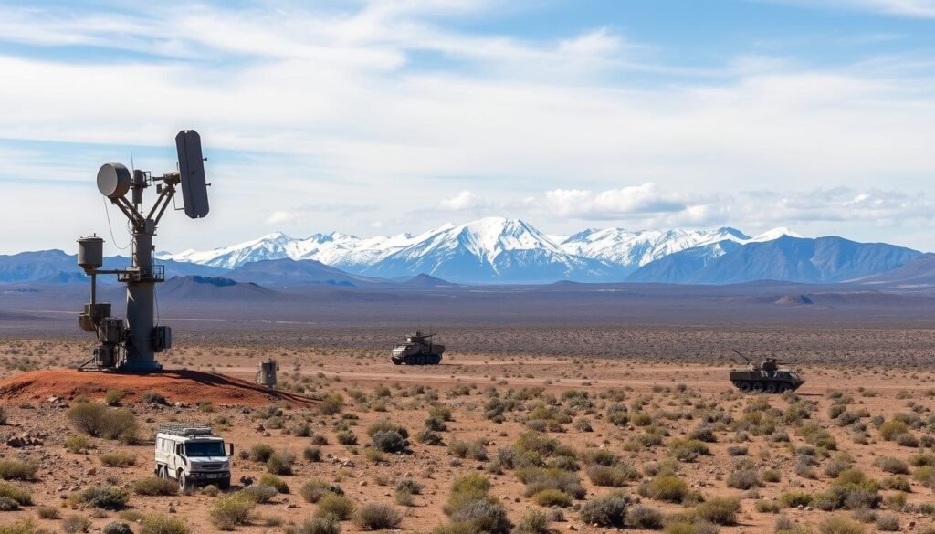 A vast, rugged Australian landscape stretches out, dotted with military installations and defensive capabilities. In the foreground, a state-of-the-art radar system towers over the terrain, its antenna array scanning the skies for potential threats. In the middle ground, camouflaged military vehicles patrol the terrain, ready to respond to any incursions. In the background, snow-capped mountains rise up, their peaks partially obscured by wispy clouds. The scene conveys a sense of vigilance and strategic defense, reflecting Australia's deterrence by denial approach to safeguarding its sovereignty in the Indo-Pacific region. A vast, rugged Australian landscape stretches out, dotted with military installations and defensive capabilities. In the foreground, a state-of-the-art radar system towers over the terrain, its antenna array scanning the skies for potential threats. In the middle ground, camouflaged military vehicles patrol the terrain, ready to respond to any incursions. In the background, snow-capped mountains rise up, their peaks partially obscured by wispy clouds. The scene conveys a sense of vigilance and strategic defense, reflecting Australia's deterrence by denial approach to safeguarding its sovereignty in the Indo-Pacific region.