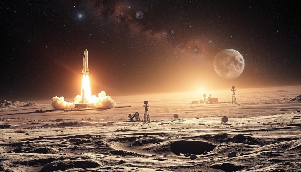 A vast, star-studded expanse of the cosmos, with gleaming rockets blasting off from a distant launch pad. The foreground is dominated by the powerful engines of a futuristic spacecraft, its sleek silhouette casting long shadows across the lunar surface. Beams of light emanate from the craft, illuminating the rugged, cratered terrain in an ethereal glow. In the middle ground, a cluster of satellite dishes and observation towers stand vigil, monitoring the launch with a sense of technological prowess. The background features a tapestry of galaxies, nebulae, and distant celestial bodies, hinting at the boundless frontiers of space exploration. The scene evokes a sense of technological advancement, international rivalry, and humanity's relentless pursuit of the unknown. A vast, star-studded expanse of the cosmos, with gleaming rockets blasting off from a distant launch pad. The foreground is dominated by the powerful engines of a futuristic spacecraft, its sleek silhouette casting long shadows across the lunar surface. Beams of light emanate from the craft, illuminating the rugged, cratered terrain in an ethereal glow. In the middle ground, a cluster of satellite dishes and observation towers stand vigil, monitoring the launch with a sense of technological prowess. The background features a tapestry of galaxies, nebulae, and distant celestial bodies, hinting at the boundless frontiers of space exploration. The scene evokes a sense of technological advancement, international rivalry, and humanity's relentless pursuit of the unknown.