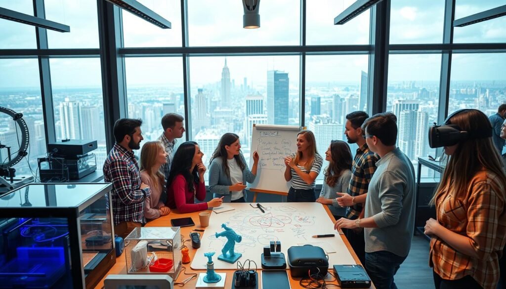 A vibrant and dynamic workspace, filled with a sense of innovation and creativity. In the foreground, a team of diverse individuals engrossed in a collaborative brainstorming session, their faces alight with excitement as they sketch ideas on a large whiteboard. The middle ground showcases an array of cutting-edge technology and tools, from 3D printers to virtual reality headsets, all working in harmony to fuel the process of innovation. In the background, a floor-to-ceiling window offers a panoramic view of a bustling city skyline, a constant source of inspiration and a reminder of the broader context in which this innovative work takes place. The overall atmosphere is one of openness, dynamism, and a palpable sense of possibility, capturing the essence of cultivating a culture of experimentation in the workplace. A vibrant and dynamic workspace, filled with a sense of innovation and creativity. In the foreground, a team of diverse individuals engrossed in a collaborative brainstorming session, their faces alight with excitement as they sketch ideas on a large whiteboard. The middle ground showcases an array of cutting-edge technology and tools, from 3D printers to virtual reality headsets, all working in harmony to fuel the process of innovation. In the background, a floor-to-ceiling window offers a panoramic view of a bustling city skyline, a constant source of inspiration and a reminder of the broader context in which this innovative work takes place. The overall atmosphere is one of openness, dynamism, and a palpable sense of possibility, capturing the essence of cultivating a culture of experimentation in the workplace.