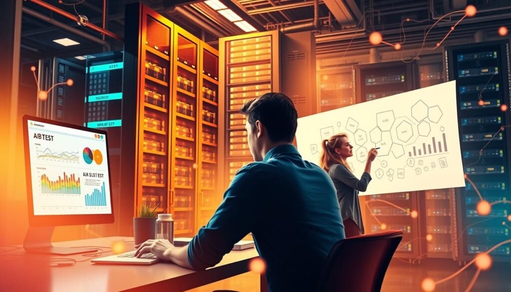 A vibrant, dynamic digital landscape where experimentation thrives. In the foreground, a person sits at a desk, intently focused on a laptop screen, exploring data visualizations and A/B test results. The middle ground features a team collaborating, sketching ideas on a digital whiteboard, their expressions animated with creativity. In the background, a towering data center hums with activity, its servers processing the insights that power continuous optimization. Warm lighting casts a glow over the scene, conveying a sense of productive energy and innovation. The composition emphasizes the interconnected nature of digital experience optimization and the iterative process of experimentation that drives it forward. A vibrant, dynamic digital landscape where experimentation thrives. In the foreground, a person sits at a desk, intently focused on a laptop screen, exploring data visualizations and A/B test results. The middle ground features a team collaborating, sketching ideas on a digital whiteboard, their expressions animated with creativity. In the background, a towering data center hums with activity, its servers processing the insights that power continuous optimization. Warm lighting casts a glow over the scene, conveying a sense of productive energy and innovation. The composition emphasizes the interconnected nature of digital experience optimization and the iterative process of experimentation that drives it forward.