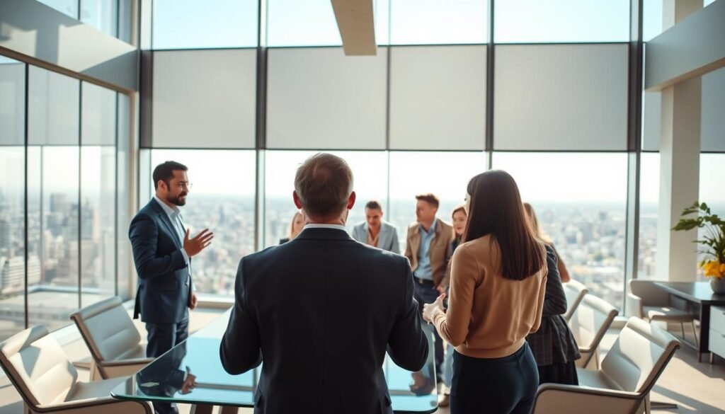 An airy, sunlit office space with sleek, modern furniture and large windows overlooking a bustling cityscape. In the center, a group of professionals gathered around a glass conference table, engaged in animated discussion. Their facial expressions convey an air of collaborative problem-solving, creativity, and deep thought. In the foreground, a leader stands at the head of the table, gesturing emphatically as they share their vision. Their posture and gaze radiate confidence, inspiration, and a willingness to take calculated risks. The overall scene exudes an atmosphere of innovation, forward-thinking, and a culture that encourages the open exchange of ideas. An airy, sunlit office space with sleek, modern furniture and large windows overlooking a bustling cityscape. In the center, a group of professionals gathered around a glass conference table, engaged in animated discussion. Their facial expressions convey an air of collaborative problem-solving, creativity, and deep thought. In the foreground, a leader stands at the head of the table, gesturing emphatically as they share their vision. Their posture and gaze radiate confidence, inspiration, and a willingness to take calculated risks. The overall scene exudes an atmosphere of innovation, forward-thinking, and a culture that encourages the open exchange of ideas.