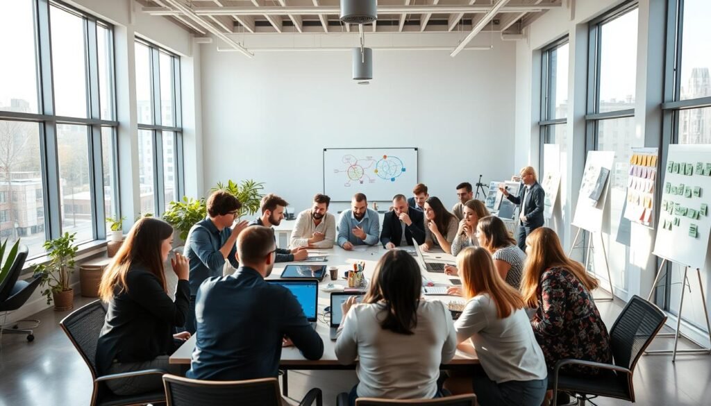 An open, airy office space with a large central table surrounded by people engaged in lively discussion. Diffused natural light streams in through floor-to-ceiling windows, creating a warm, collaborative atmosphere. In the foreground, colleagues lean in, gesturing animatedly as they brainstorm ideas. In the middle ground, smaller groups huddle around laptops, sharing insights. The background features a whiteboard covered in colorful diagrams and sticky notes, reflecting the team's problem-solving process. An overall sense of productivity, creativity, and camaraderie pervades the scene. An open, airy office space with a large central table surrounded by people engaged in lively discussion. Diffused natural light streams in through floor-to-ceiling windows, creating a warm, collaborative atmosphere. In the foreground, colleagues lean in, gesturing animatedly as they brainstorm ideas. In the middle ground, smaller groups huddle around laptops, sharing insights. The background features a whiteboard covered in colorful diagrams and sticky notes, reflecting the team's problem-solving process. An overall sense of productivity, creativity, and camaraderie pervades the scene.