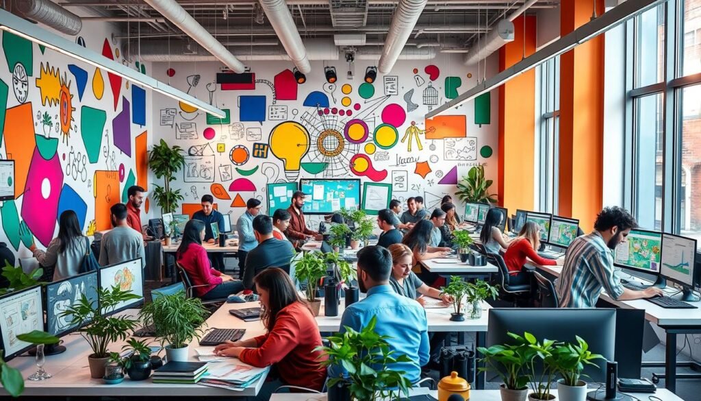 Vibrant colors and dynamic shapes fill a bustling creative workspace. Diverse individuals collaborate at sleek workstations, immersed in a flurry of sketches, digital displays, and innovative prototypes. Pops of greenery and natural light invigorate the atmosphere, fostering a sense of vitality and inspiration. In the background, an abstract mural depicts a symphony of ideas, while the warm glow of task lighting casts a focused, productive aura throughout the space. This scene captures the essence of a thriving culture of creativity - one that empowers individuals, encourages exploration, and cultivates the growth of bold, innovative concepts. Vibrant colors and dynamic shapes fill a bustling creative workspace. Diverse individuals collaborate at sleek workstations, immersed in a flurry of sketches, digital displays, and innovative prototypes. Pops of greenery and natural light invigorate the atmosphere, fostering a sense of vitality and inspiration. In the background, an abstract mural depicts a symphony of ideas, while the warm glow of task lighting casts a focused, productive aura throughout the space. This scene captures the essence of a thriving culture of creativity - one that empowers individuals, encourages exploration, and cultivates the growth of bold, innovative concepts.