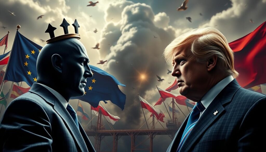 A European Union trade war, a clash of economic titans. In the foreground, two towering figures, the EU and a powerful adversary, locked in a tense standoff. The background, a tumultuous landscape of clashing flags, swirling trade data, and the looming specter of tariffs. The lighting, a harsh, unforgiving glare, casting shadows and highlighting the intensity of the confrontation. The lens, wide and cinematic, capturing the grand scale of the conflict. The mood, one of high-stakes negotiation, where the fate of global trade hangs in the balance. A scene of strategic maneuvering, where diplomacy and economic might collide. A European Union trade war, a clash of economic titans. In the foreground, two towering figures, the EU and a powerful adversary, locked in a tense standoff. The background, a tumultuous landscape of clashing flags, swirling trade data, and the looming specter of tariffs. The lighting, a harsh, unforgiving glare, casting shadows and highlighting the intensity of the confrontation. The lens, wide and cinematic, capturing the grand scale of the conflict. The mood, one of high-stakes negotiation, where the fate of global trade hangs in the balance. A scene of strategic maneuvering, where diplomacy and economic might collide.