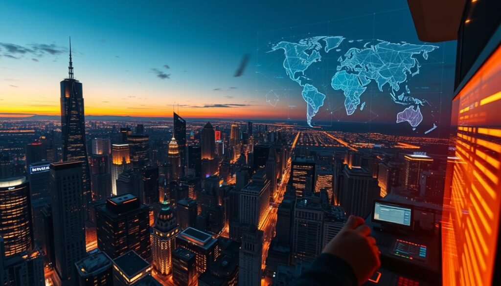 A breathtaking cityscape at dusk, with towering skyscrapers and neon-lit financial district in the foreground. The middle ground features a bustling trading floor, with traders diligently analyzing real-time market data on holographic displays. In the background, a technological network of data streams and satellite imagery overlays the urban landscape, symbolizing the interconnected global financial markets. The scene is bathed in a warm, golden light, creating a sense of progress and innovation in the evolution of trading technology.
