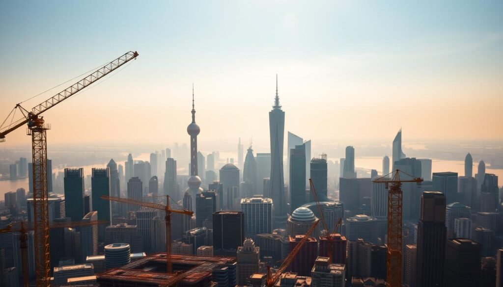 A bustling cityscape of Shanghai, China, bathed in warm golden light. In the foreground, a network of cranes and construction sites, symbolizing the nation's rapid industrial development. In the middle ground, a panoramic view of the iconic skyline, with the distinctive Oriental Pearl Tower and other modern high-rises reaching towards the sky. In the background, a hazy horizon where the Yangtze River winds its way, representing the thriving international trade and commerce. The scene conveys a sense of dynamic growth, economic power, and China's emergence as a global economic force. A bustling cityscape of Shanghai, China, bathed in warm golden light. In the foreground, a network of cranes and construction sites, symbolizing the nation's rapid industrial development. In the middle ground, a panoramic view of the iconic skyline, with the distinctive Oriental Pearl Tower and other modern high-rises reaching towards the sky. In the background, a hazy horizon where the Yangtze River winds its way, representing the thriving international trade and commerce. The scene conveys a sense of dynamic growth, economic power, and China's emergence as a global economic force.