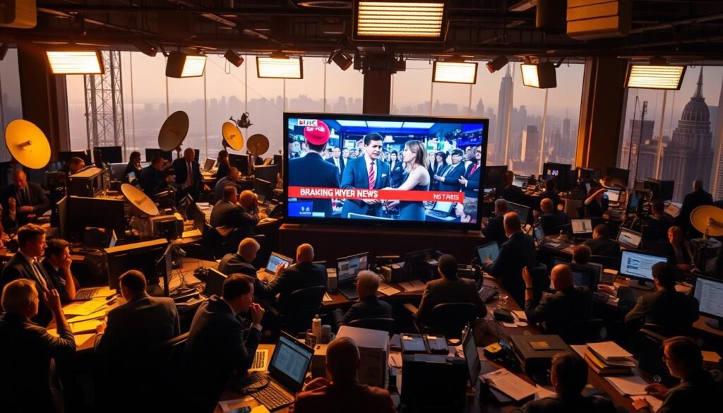 A bustling newsroom, with reporters and editors huddled over their desks, surrounded by the clutter of papers, laptops, and ringing phones. The room is bathed in a warm, golden glow from overhead lamps, casting long shadows and creating a sense of intensity and urgency. In the foreground, a large television screen dominates, displaying a breaking news report with dramatic headlines and footage, capturing the public's attention. The background is blurred, hinting at the broader media landscape beyond the immediate space, with the faint outlines of satellite dishes, satellite trucks, and the distant silhouettes of skyscrapers. A bustling newsroom, with reporters and editors huddled over their desks, surrounded by the clutter of papers, laptops, and ringing phones. The room is bathed in a warm, golden glow from overhead lamps, casting long shadows and creating a sense of intensity and urgency. In the foreground, a large television screen dominates, displaying a breaking news report with dramatic headlines and footage, capturing the public's attention. The background is blurred, hinting at the broader media landscape beyond the immediate space, with the faint outlines of satellite dishes, satellite trucks, and the distant silhouettes of skyscrapers.