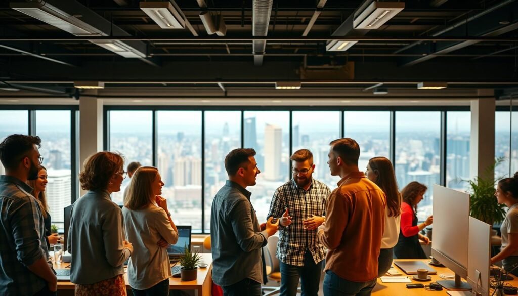 A diverse group of people in a vibrant, modern office setting, collaborating and sharing ideas. In the foreground, colleagues engage in lively discussions, their body language conveying openness and enthusiasm. The middle ground features a mix of workstations and collaborative spaces, where teams work together on digital devices and whiteboards. The background showcases a panoramic view of a bustling city skyline, symbolizing the dynamic, forward-thinking nature of the organization. Warm, ambient lighting filters through large windows, creating a sense of energy and progress. The scene radiates a spirit of cultural transformation, where innovation and digital empowerment drive the organization's evolution. A diverse group of people in a vibrant, modern office setting, collaborating and sharing ideas. In the foreground, colleagues engage in lively discussions, their body language conveying openness and enthusiasm. The middle ground features a mix of workstations and collaborative spaces, where teams work together on digital devices and whiteboards. The background showcases a panoramic view of a bustling city skyline, symbolizing the dynamic, forward-thinking nature of the organization. Warm, ambient lighting filters through large windows, creating a sense of energy and progress. The scene radiates a spirit of cultural transformation, where innovation and digital empowerment drive the organization's evolution.