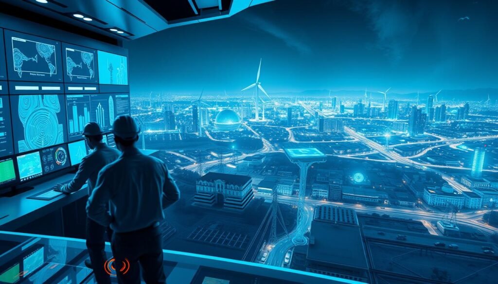 A dynamic and futuristic digital transformation case study in the power and utility sector. The foreground depicts a sleek, modernized power grid control center, with holographic displays and augmented reality overlays guiding technicians. The middle ground showcases renewable energy infrastructure like wind turbines and solar panels, symbolizing the shift towards sustainable power generation. In the background, a sprawling cityscape illuminates the far-reaching impact of digital transformation, with smart buildings, autonomous vehicles, and interconnected IoT devices. The scene is bathed in a cool, tech-infused lighting, conveying a sense of innovation, efficiency, and progress. A dynamic and futuristic digital transformation case study in the power and utility sector. The foreground depicts a sleek, modernized power grid control center, with holographic displays and augmented reality overlays guiding technicians. The middle ground showcases renewable energy infrastructure like wind turbines and solar panels, symbolizing the shift towards sustainable power generation. In the background, a sprawling cityscape illuminates the far-reaching impact of digital transformation, with smart buildings, autonomous vehicles, and interconnected IoT devices. The scene is bathed in a cool, tech-infused lighting, conveying a sense of innovation, efficiency, and progress.