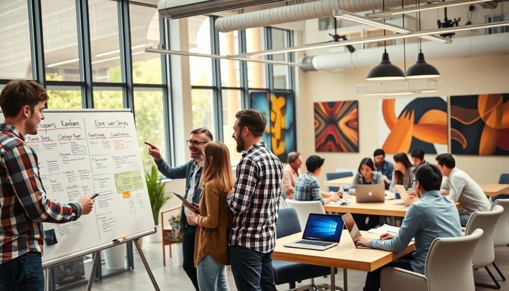 A dynamic team of software developers, product managers, and designers collaborating in a vibrant office space. In the foreground, a group huddled around a whiteboard, discussing Kanban boards and user stories, their faces animated with creative energy. In the middle ground, colleagues gather around a large conference table, laptops open, engaged in lively Scrum meetings. The background reveals an open-concept layout, with floor-to-ceiling windows flooding the room with warm, natural light. Sleek, modern furnishings and vibrant wall art create an atmosphere of innovation and productivity. The overall scene conveys the synergy and adaptability of Agile management practices, empowering non-technical teams to drive automation and digital transformation. A dynamic team of software developers, product managers, and designers collaborating in a vibrant office space. In the foreground, a group huddled around a whiteboard, discussing Kanban boards and user stories, their faces animated with creative energy. In the middle ground, colleagues gather around a large conference table, laptops open, engaged in lively Scrum meetings. The background reveals an open-concept layout, with floor-to-ceiling windows flooding the room with warm, natural light. Sleek, modern furnishings and vibrant wall art create an atmosphere of innovation and productivity. The overall scene conveys the synergy and adaptability of Agile management practices, empowering non-technical teams to drive automation and digital transformation.