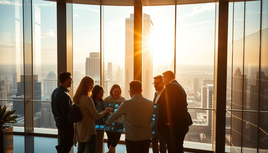 A gleaming, state-of-the-art office in a towering glass-and-steel skyscraper, bathed in warm, golden sunlight streaming through expansive windows. In the foreground, a team of dynamic, collaborative employees huddled around a sleek interactive display, immersed in an engaging digital presentation. Behind them, the cityscape outside frames the scene, a vibrant testament to technological progress and innovation. The atmosphere exudes a palpable sense of energy and optimism, capturing the essence of a successful digital transformation journey. A gleaming, state-of-the-art office in a towering glass-and-steel skyscraper, bathed in warm, golden sunlight streaming through expansive windows. In the foreground, a team of dynamic, collaborative employees huddled around a sleek interactive display, immersed in an engaging digital presentation. Behind them, the cityscape outside frames the scene, a vibrant testament to technological progress and innovation. The atmosphere exudes a palpable sense of energy and optimism, capturing the essence of a successful digital transformation journey.