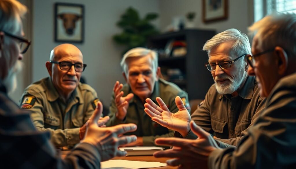 A group of military veterans, their weathered faces illuminated by a warm, ambient light, sitting around a table engaged in animated discussion. The foreground features their hands gesturing emphatically as they share their stories, while the middle ground showcases their expressions, a mix of wisdom, sorrow, and determination. The background is softly blurred, suggesting a comfortable, intimate setting, perhaps a meeting room or a cozy living space, allowing the viewer to focus on the veterans' insights and experiences. A group of military veterans, their weathered faces illuminated by a warm, ambient light, sitting around a table engaged in animated discussion. The foreground features their hands gesturing emphatically as they share their stories, while the middle ground showcases their expressions, a mix of wisdom, sorrow, and determination. The background is softly blurred, suggesting a comfortable, intimate setting, perhaps a meeting room or a cozy living space, allowing the viewer to focus on the veterans' insights and experiences.