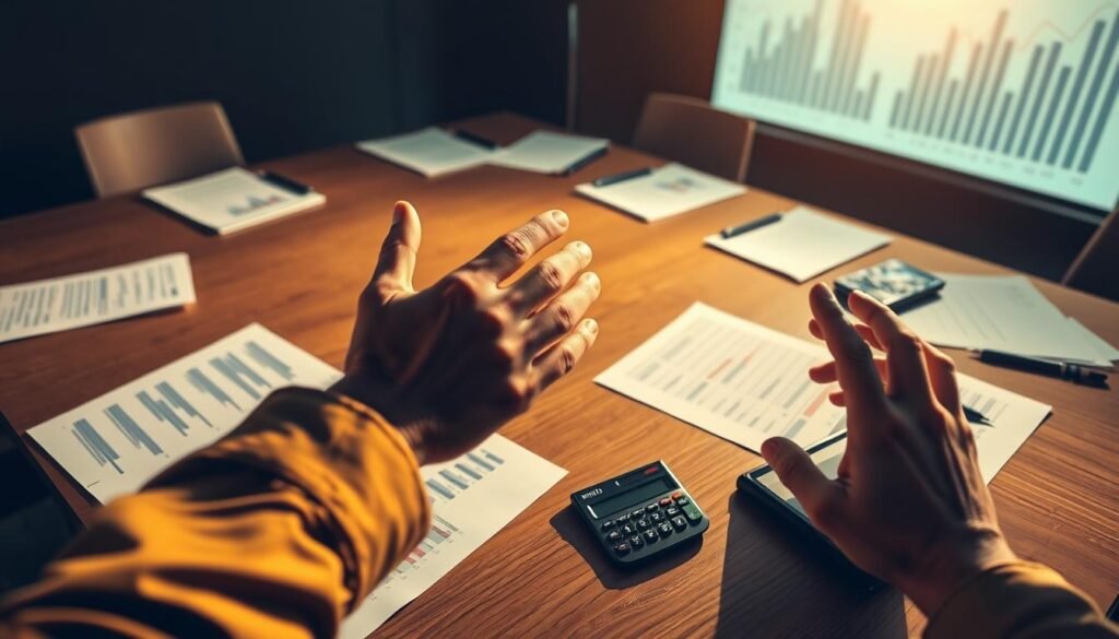 A high-angle view of a boardroom table, with documents, pens, and a calculator scattered across its surface. The lighting is soft and warm, casting a contemplative mood. In the foreground, a pair of hands are gesturing, representing the decision-making process behind economic policy. The background is blurred, but hints at the broader economic landscape, with charts and graphs projected on the wall, symbolizing the data and analysis that informs policy decisions. The overall scene conveys the thoughtful, analytical nature of shaping economic policy. A high-angle view of a boardroom table, with documents, pens, and a calculator scattered across its surface. The lighting is soft and warm, casting a contemplative mood. In the foreground, a pair of hands are gesturing, representing the decision-making process behind economic policy. The background is blurred, but hints at the broader economic landscape, with charts and graphs projected on the wall, symbolizing the data and analysis that informs policy decisions. The overall scene conveys the thoughtful, analytical nature of shaping economic policy.