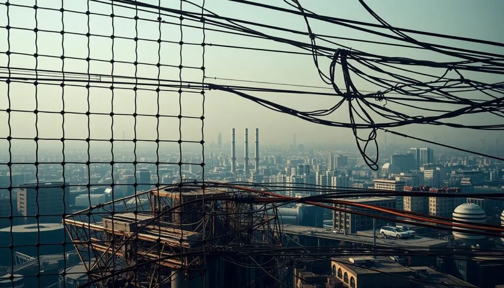 A high-tension wire mesh grid looming in the foreground, symbolizing the complexities of Continuous Delivery implementation. In the middle ground, a tangle of color-coded cables and pipes representing the interconnected systems and infrastructures. Behind, a hazy cityscape shrouded in uncertainty, hinting at the challenges of aligning organizational culture and processes. Dramatic shadows cast by industrial lighting convey the gravity of the situation, while a muted color palette evokes the stress and pressure of digital transformation. The overall composition suggests the technical, operational, and bureaucratic obstacles that must be navigated to build a robust CD pipeline.