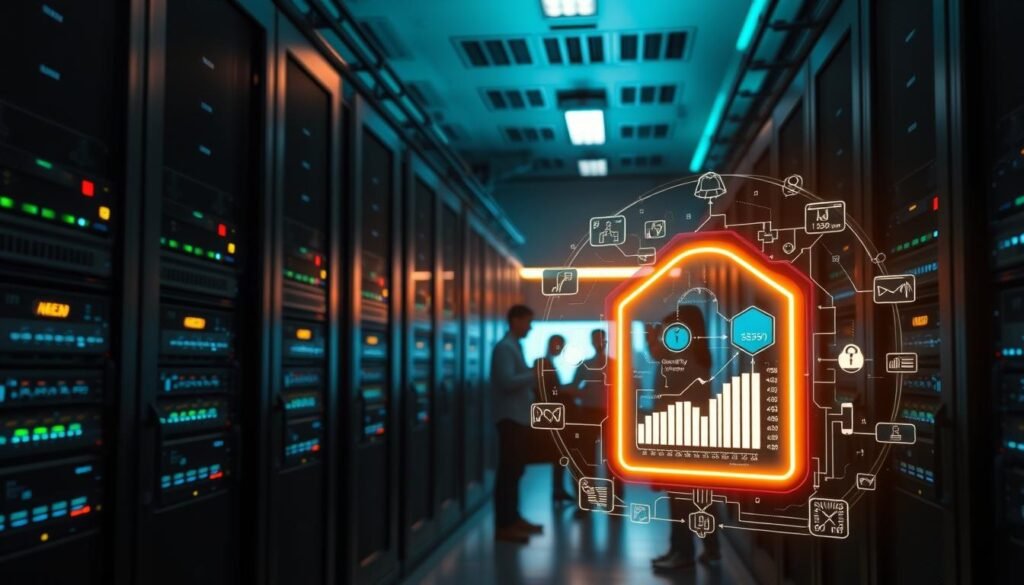 A meticulously secured server room, its racks of hardware bathed in a soft, ambient glow. In the foreground, a firewall interface glows with activity, its dashboard displaying real-time security metrics. Surrounding it, a halo of holographic visualizations depicts the flow of data, network threats, and security event monitoring. The middle ground features a team of cybersecurity experts, their focused expressions illuminated by the screens before them, as they collaborate to ensure the integrity of the CI/CD pipeline. In the background, a sleek, futuristic control center overlooks the scene, housing advanced threat detection and response capabilities. The overall atmosphere conveys a sense of vigilance, technical sophistication, and unwavering commitment to safeguarding the digital transformation journey. A meticulously secured server room, its racks of hardware bathed in a soft, ambient glow. In the foreground, a firewall interface glows with activity, its dashboard displaying real-time security metrics. Surrounding it, a halo of holographic visualizations depicts the flow of data, network threats, and security event monitoring. The middle ground features a team of cybersecurity experts, their focused expressions illuminated by the screens before them, as they collaborate to ensure the integrity of the CI/CD pipeline. In the background, a sleek, futuristic control center overlooks the scene, housing advanced threat detection and response capabilities. The overall atmosphere conveys a sense of vigilance, technical sophistication, and unwavering commitment to safeguarding the digital transformation journey.