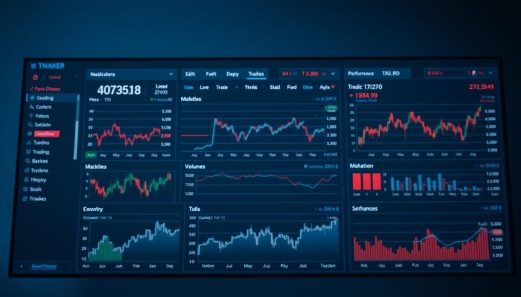 A modern financial dashboard displaying real-time stock market data. In the foreground, a variety of interactive charts and graphs showcasing key market indicators like stock prices, indices, trading volumes, and performance metrics. The middle ground features a clean, data-rich interface with a sleek, minimalist design. The background has a subtle gradient of blues and grays, creating a sense of depth and professionalism. Soft, even lighting illuminates the scene, with a slight vignette effect for emphasis. The overall atmosphere conveys a sense of authority, clarity, and the ability to unlock valuable insights from the dynamic financial landscape.