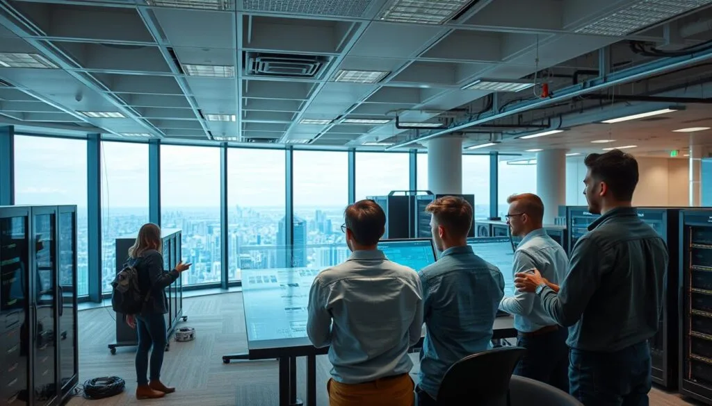 A modern office workspace with a dynamic, futuristic atmosphere. In the foreground, a team of developers collaborating around a holographic display, gesturing and interacting with digital interfaces. In the middle ground, a series of server racks and exposed wiring, conveying the infrastructure powering their automated workflows. The background features a vast, panoramic cityscape visible through floor-to-ceiling windows, hinting at the global scale of their digital transformation efforts. Bright, diffused lighting illuminates the scene, casting a sense of technological prowess and seamless efficiency.