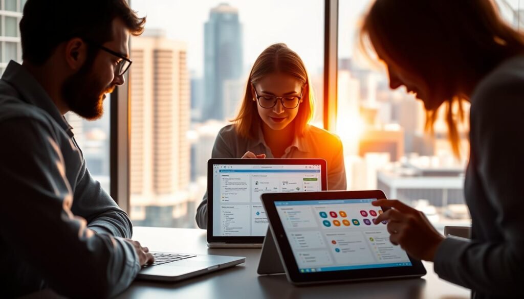 A modern office workspace with a large window overlooking a bustling cityscape. On the desk, a laptop and tablet showcase low-code and no-code software interfaces, their interactive menus and visual programming tools illuminated by the warm, natural light flooding the room. In the foreground, the silhouettes of non-technical team members collaborate, their expressions focused as they drag and drop icons, configure workflows, and bring their ideas to life without the need for extensive coding knowledge. The background blurs slightly, emphasizing the centrality of these empowering platforms in enabling innovation and automation for those traditionally excluded from technical roles. A modern office workspace with a large window overlooking a bustling cityscape. On the desk, a laptop and tablet showcase low-code and no-code software interfaces, their interactive menus and visual programming tools illuminated by the warm, natural light flooding the room. In the foreground, the silhouettes of non-technical team members collaborate, their expressions focused as they drag and drop icons, configure workflows, and bring their ideas to life without the need for extensive coding knowledge. The background blurs slightly, emphasizing the centrality of these empowering platforms in enabling innovation and automation for those traditionally excluded from technical roles.
