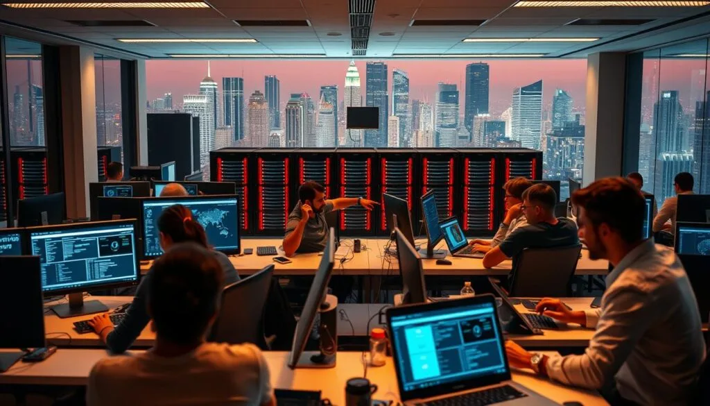 A modern software development hub bustling with activity. In the foreground, engineers collaborate at sleek desks, laptops open, faces lit by the glow of monitors displaying complex CI/CD dashboards. The middle ground reveals a bank of high-performance servers, their status lights blinking in a rhythmic pattern, symbolizing the continuous integration and delivery process at work. Beyond, the background depicts a cityscape of gleaming skyscrapers, representing the fast-paced digital transformation enabled by these efficient software pipelines. Warm, diffused lighting casts a productive atmosphere, while strategic camera angles capture the collaborative energy and technical prowess of this real-world CI/CD implementation.